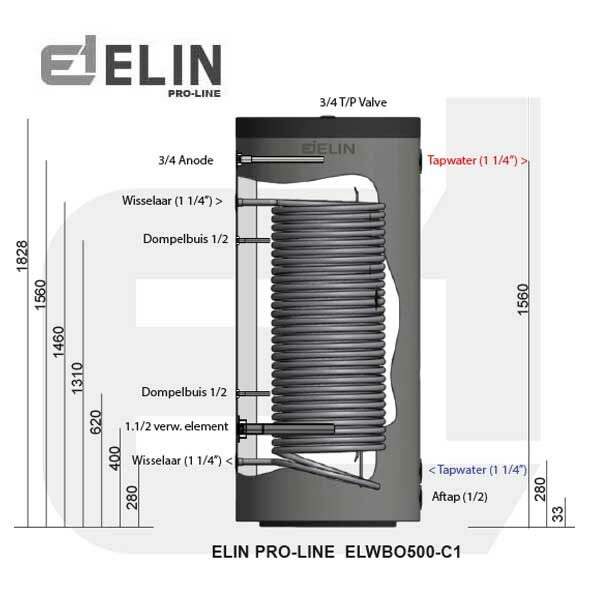 afmeting ELIN Pro-line rvs boiler 500L